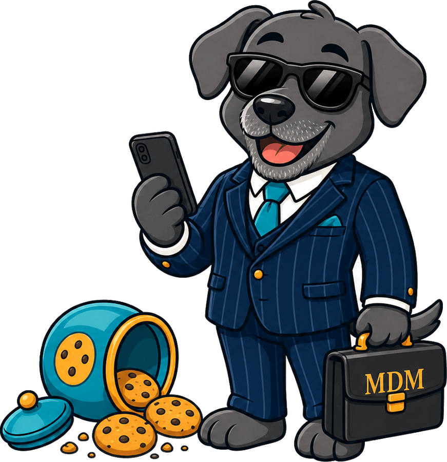 Puppreneur — a dapper charcoal lab in a pinstripe suit with a monogrammed briefcase and a spilling cookie jar
